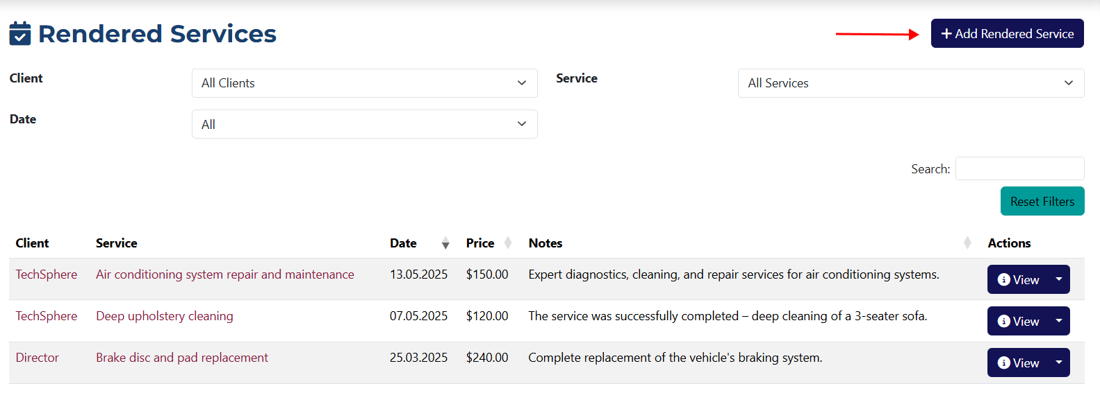 Add Rendered Service Button