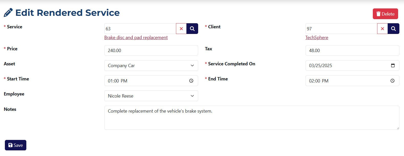 Edit Rendered Service Page