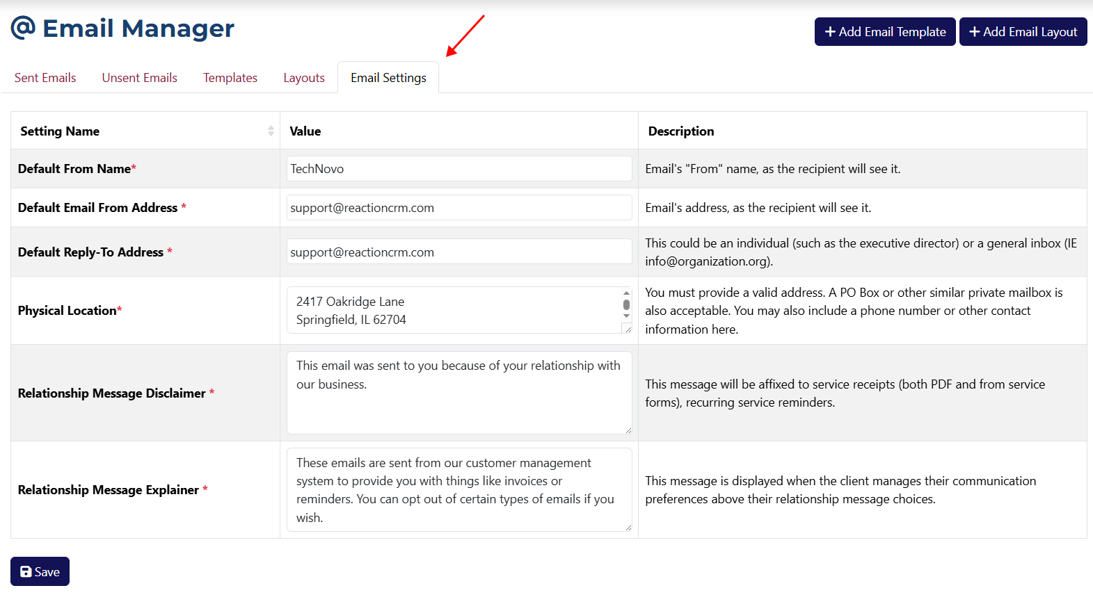 Emails Page Settings