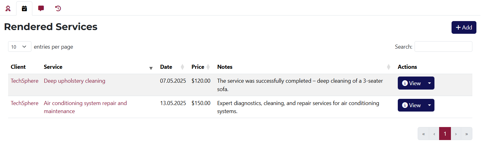Rendered Services Tab