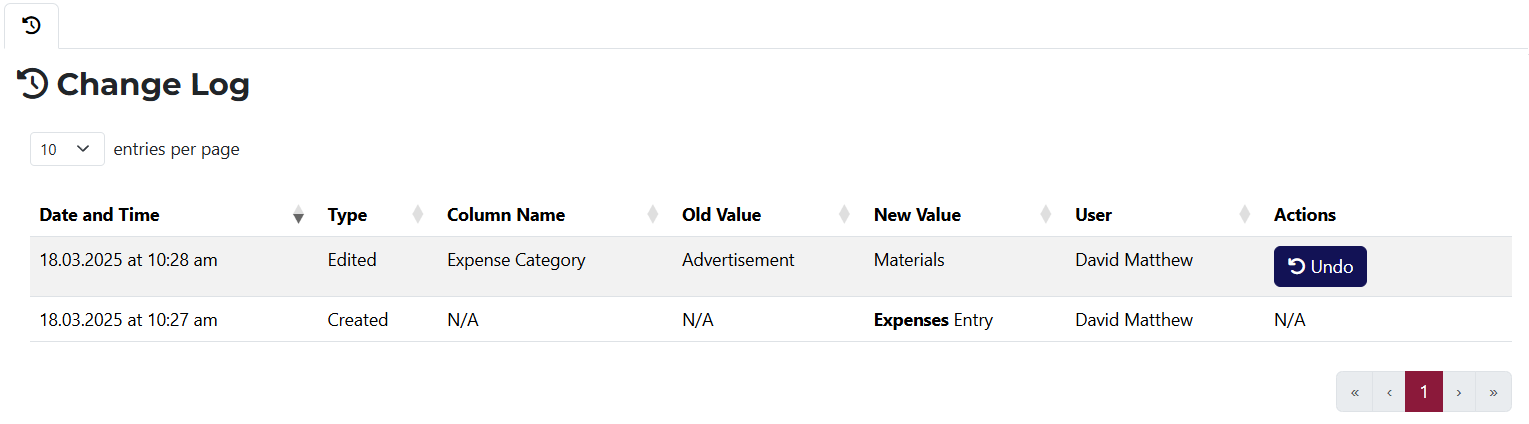 Expense View Page History Tab