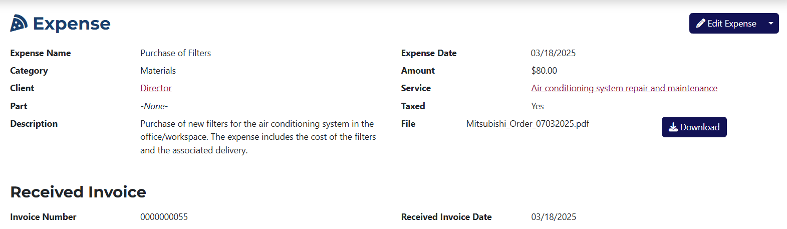 Expense View Page