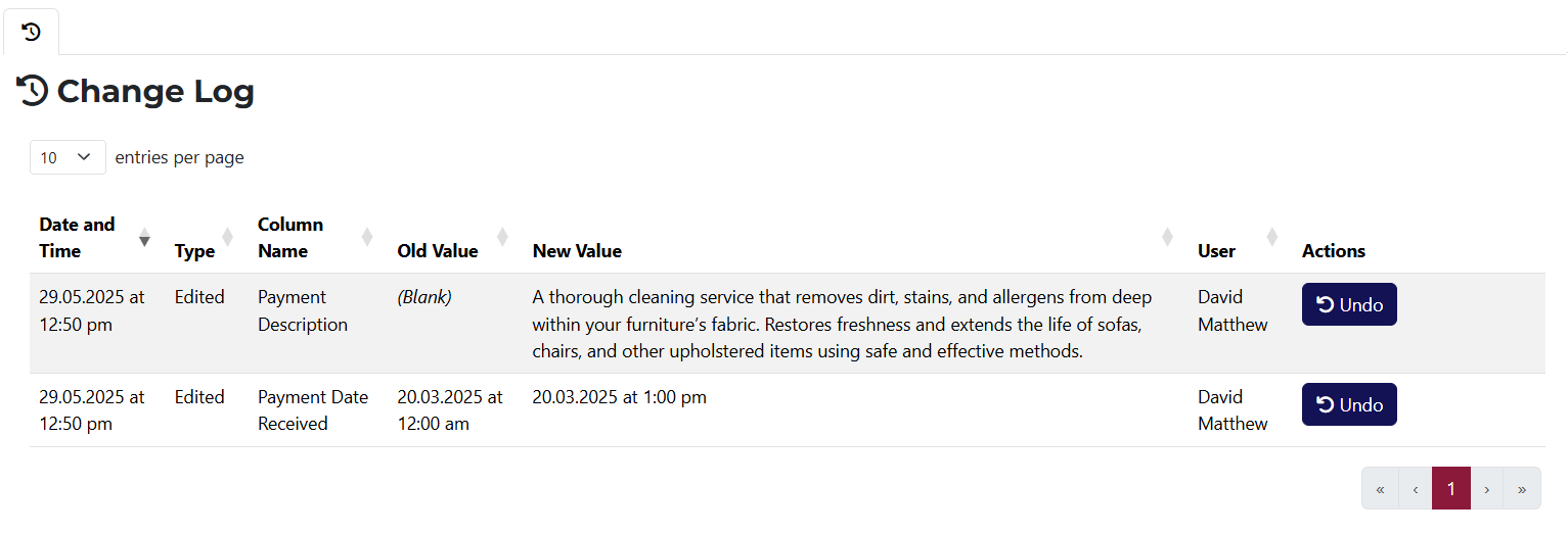 Payment View Page History Tab