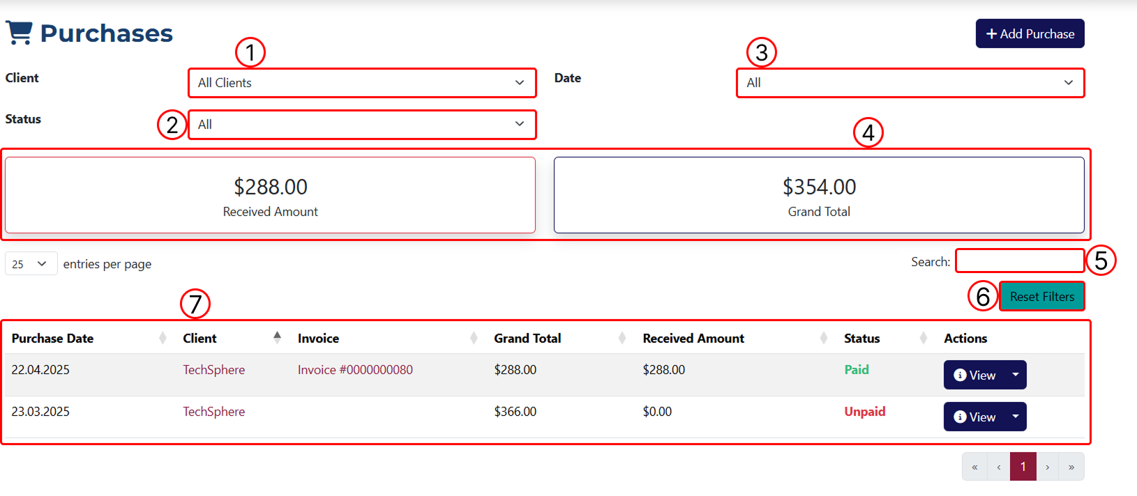 Purchases Page Main view