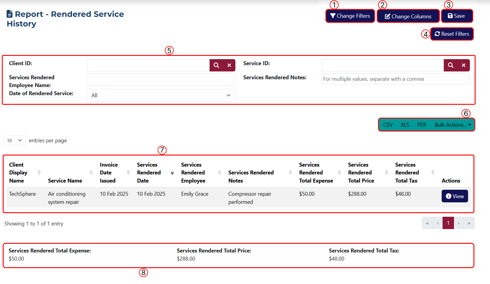 Rendered Services History