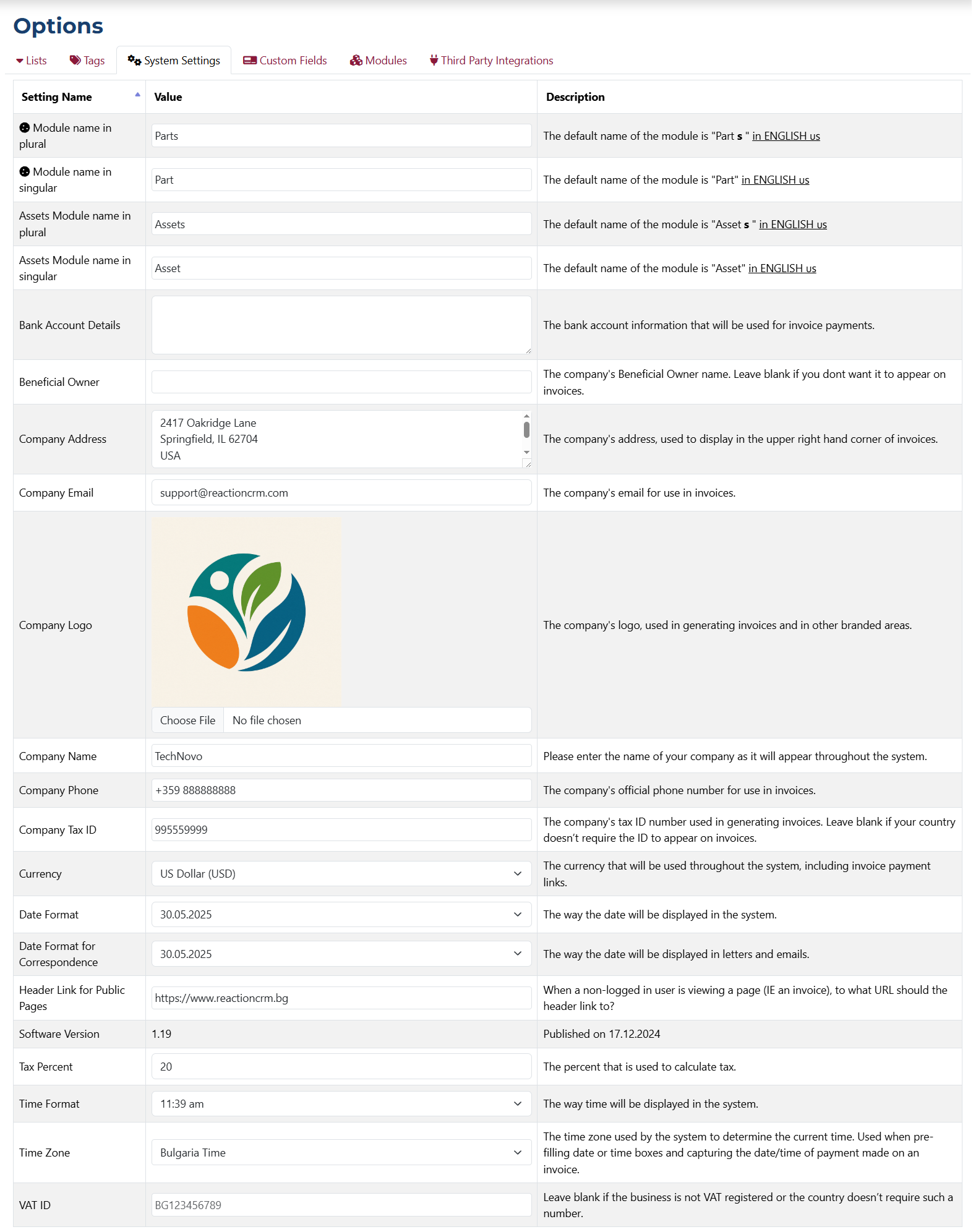 System Settings Page