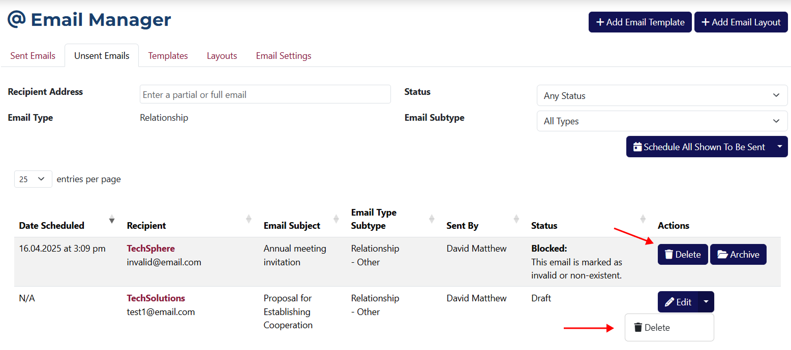 Unsent Emails Delete Button