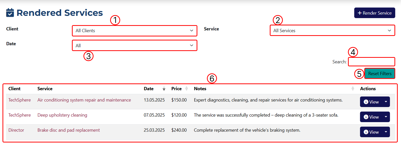 Rendered Services Listing