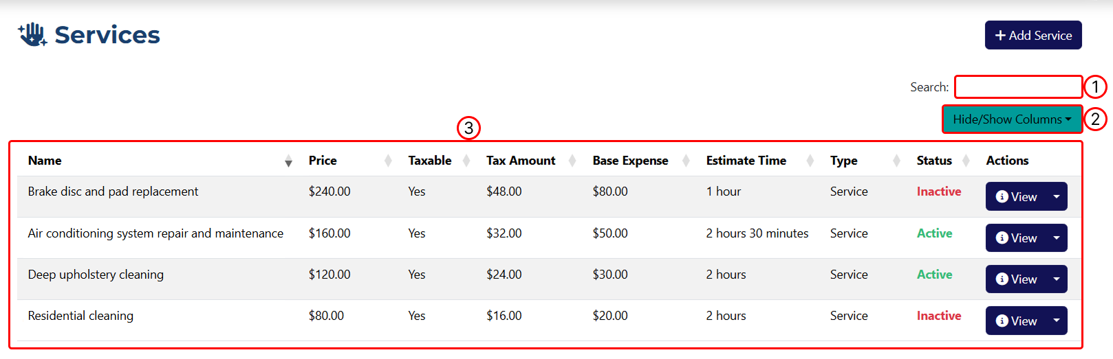 Services DataTable View